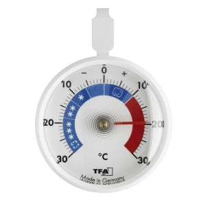 Round thermometer with white casing, blue and red color scale on a white background