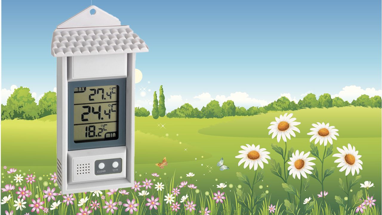 Digital thermometer with weather station features in a scenic outdoor setting with flowers and grass.