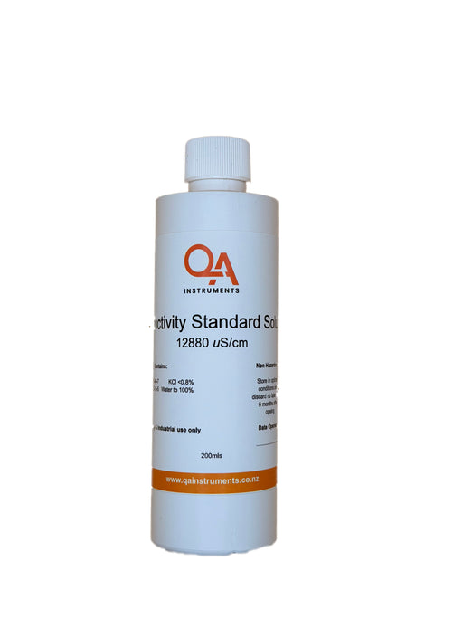 Bottle of 12880 conductivity standard solution with QA Instruments branding on a white background