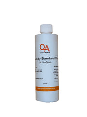 Bottle of QA Instruments Conductivity 1413 Standard Solution on a white background