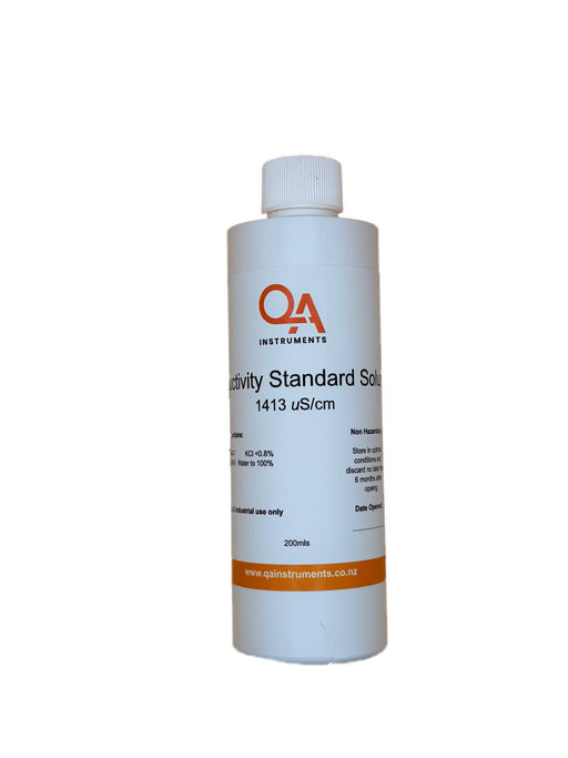 Bottle of QA Instruments Conductivity 1413 Standard Solution on a white background