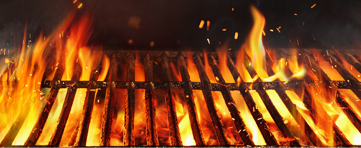 Grill with flames and text 'New Season BBQ Thermometers' on a dark background
